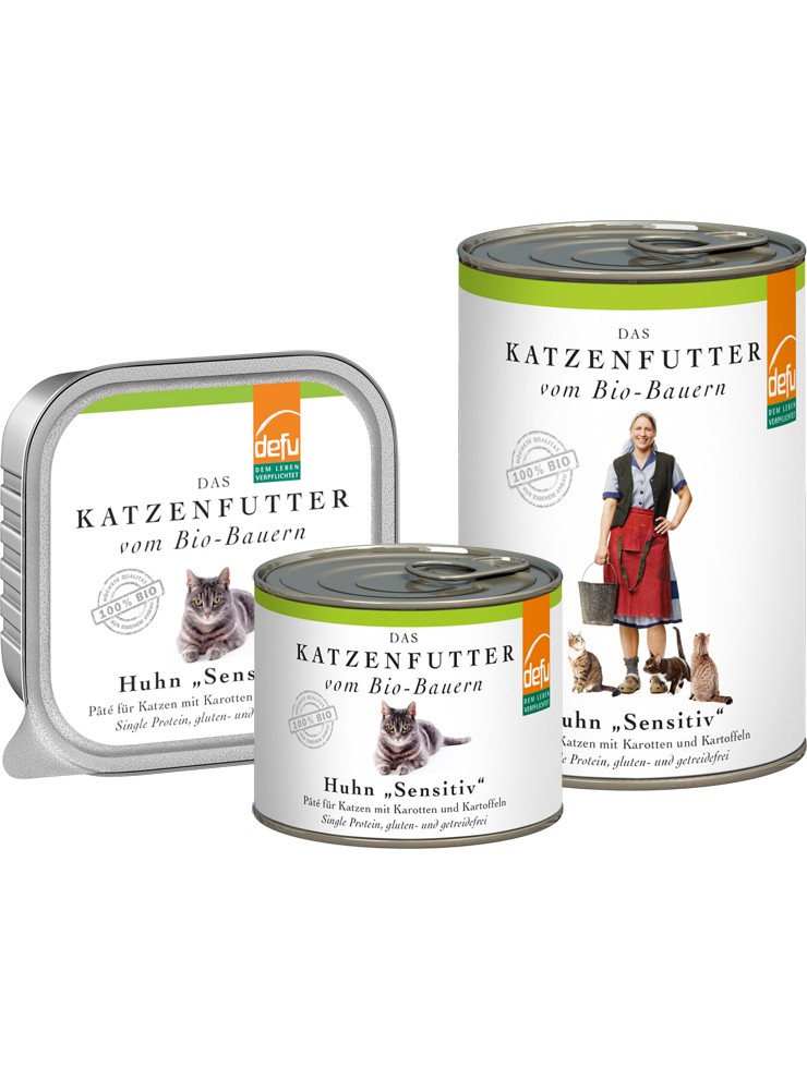 Bio Katzen: Huhn "Sensitive" Pâté in 100g, 200g und 410g Verpackung